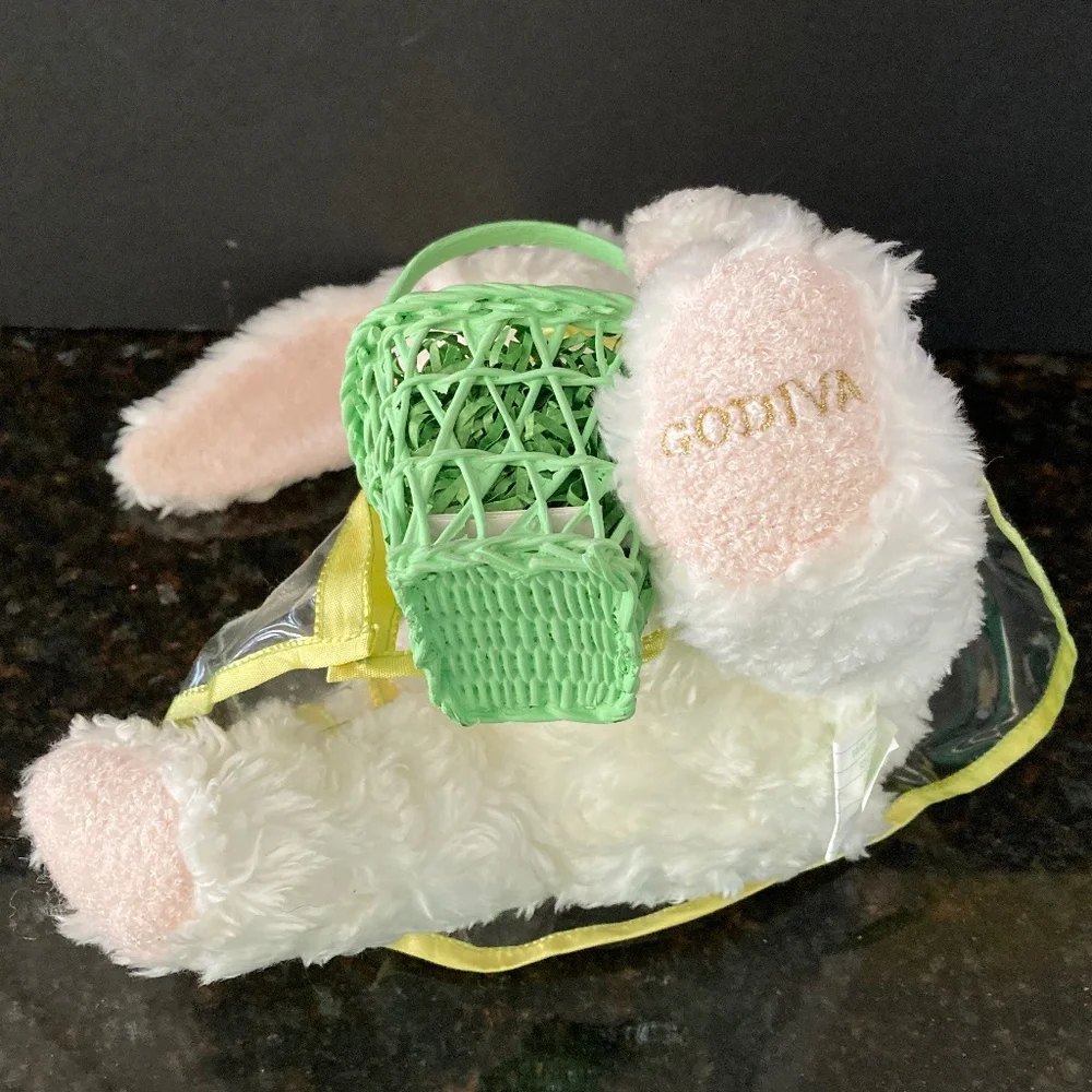 GODIVA White Lop-Eared Easter Bunny Rabbit in Clear Raincoat & Green Basket/NWT!